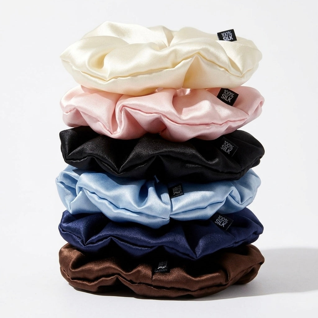 Pile de chouchous "Cloud" en soie de mûrier 100% naturelle de différentes couleurs (ivoire, rose, noir, bleu, marron), accessoires cheveux anti-casse
KAÏMINA.