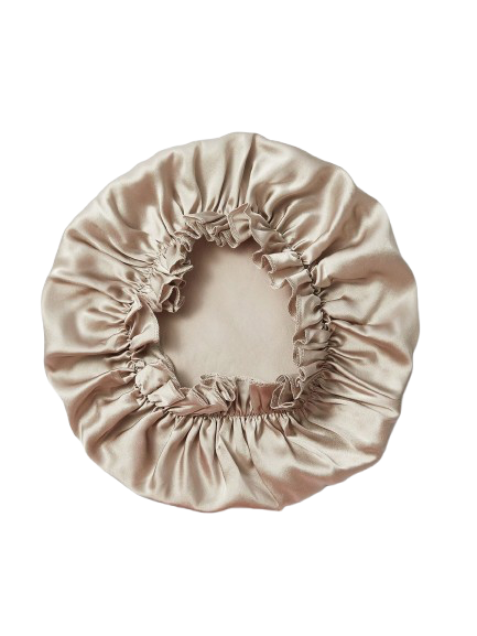 Bonnet de nuit en soie de mûrier 100% double épaisseur coloris doré champagne pour le soin des cheveux.