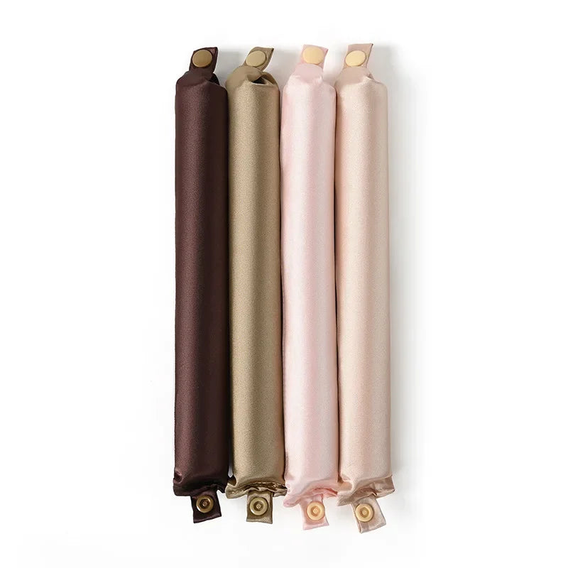 Lot de 4 boudins en soie de mûrier KAÏMINA pour réaliser des boucles sans chaleur, coloris chocolat, doré et rose poudré.