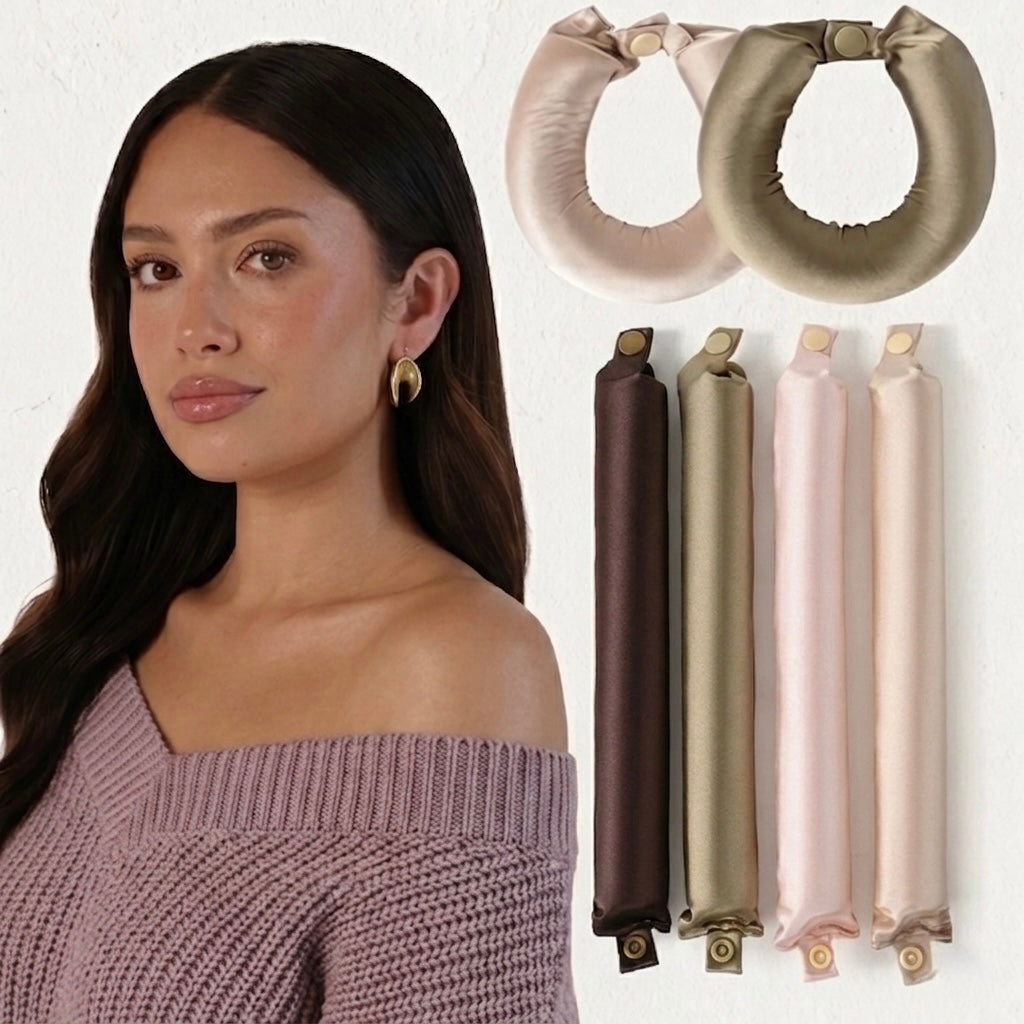 Mannequin portant un pull mauve et montrant le résultat de boucles wavy obtenues sans chaleur grâce aux boudins en soie KAÏMINA. Les accessoires sont visibles à côté d'elle.